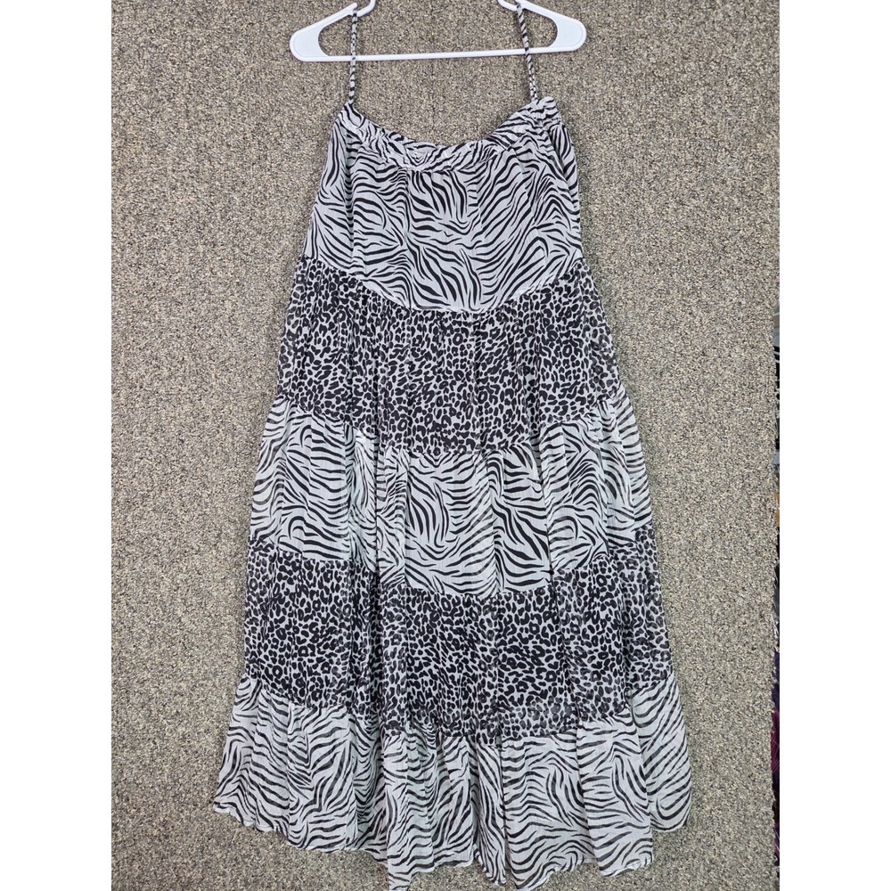 Solitaire Maxi Dress Womens Small Black White Animal Print Tiered Sleeveless‎